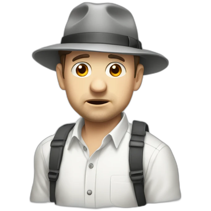 tim robinson wearing a grey fedora white shirt only looking scared and sad facing left - safariflap attached to back of hat emoji
