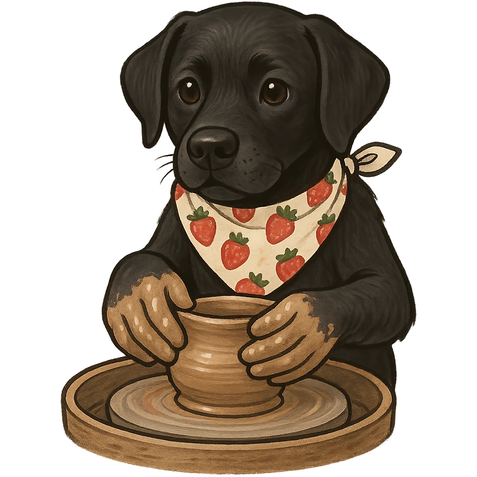 black labrador dog wearing a strawberry-patterned bandana, making pottery on a pottery wheel, hands covered in clay, cute and focused, consistent style emoji