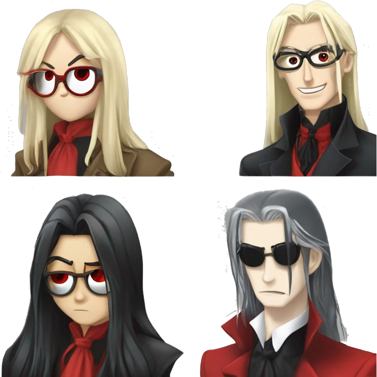vampire, alucard, hellsing, long black hair, long bangs, red circular glasses, red coat, red tie, alucard hellsing emoji