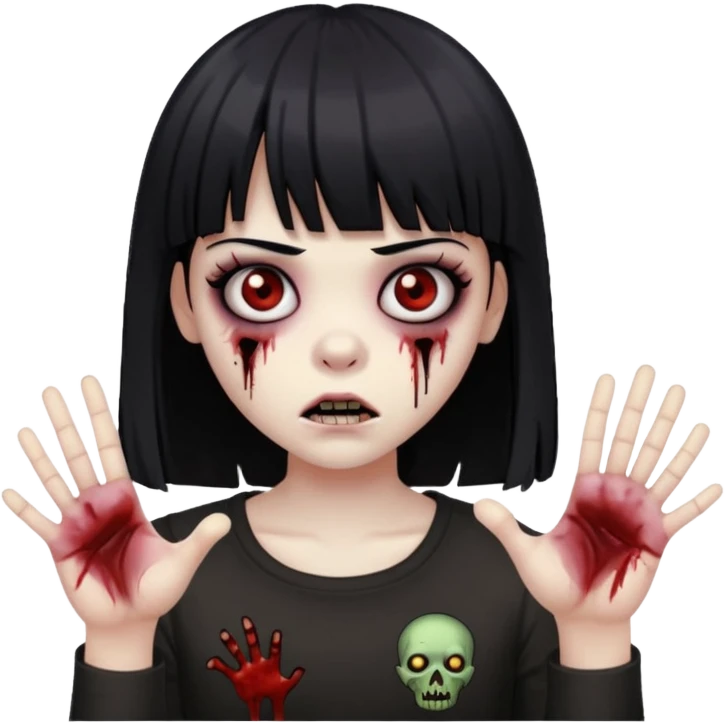 uma menina zumbi com cabelo preto e liso e uma franja. ela tem um estilo meio emo e com as mãos para frente com uma cara assustadora  emoji