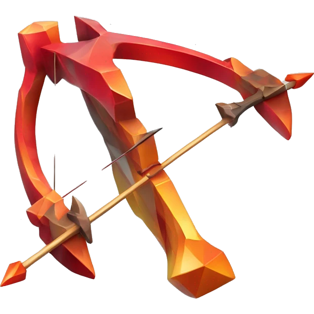 crossbow sculpture symbolizing Sagittarius with a geometric, faceted design. The symbol is standing upright with angular and disney features. The vibrant red flame colors highlights the sharp edges and planes. emoji