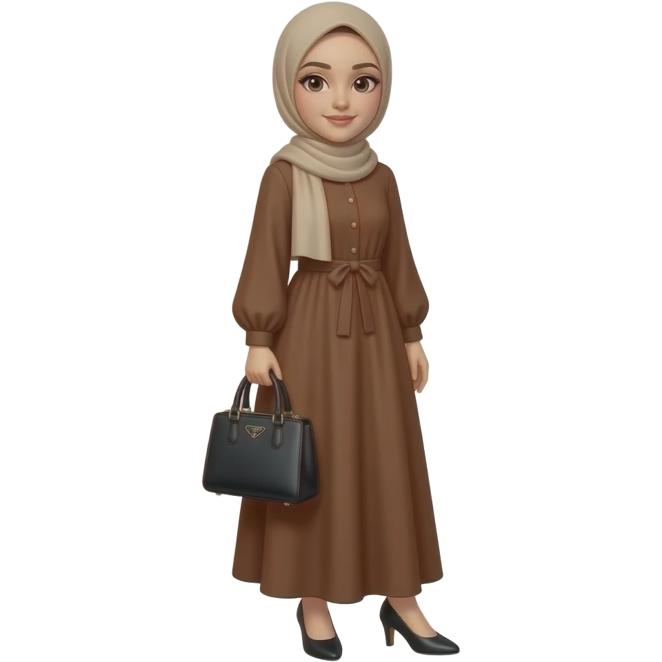 إيموجي لفتاة ترتدي فستان بني طويل حذاء طالون منخفض حجاب بيج غطي شعرها و ألبسها حقيبة يد من برادا سوداء الحجاب الداخلي بنفس لون الخارجي تقوم بوضعية تصوير emoji