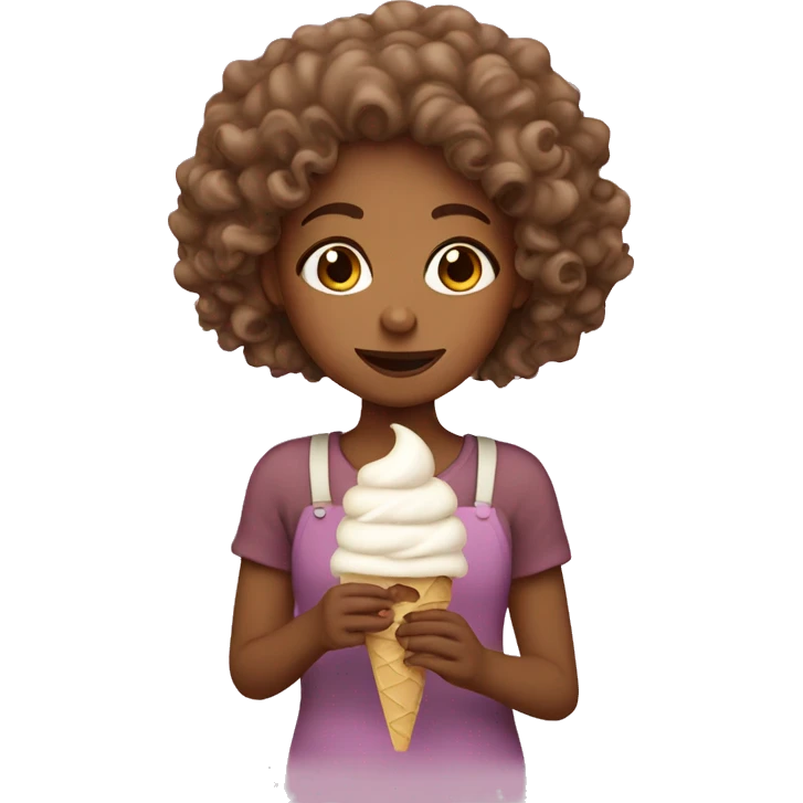 A light brown girl with curly hair eating ice cream emoji