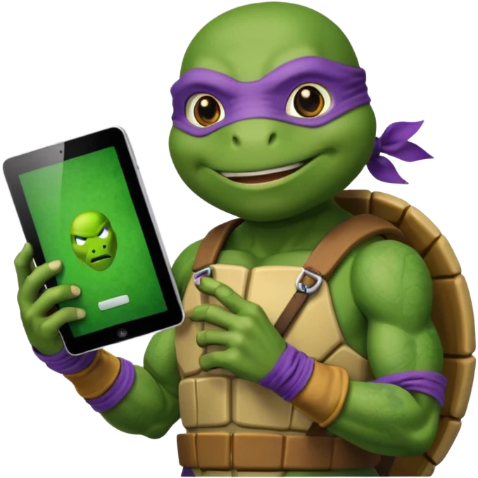Donatello from Teenage Mutant Ninja Turtles, emoji style, holding a tablet with a hacking screen emoji