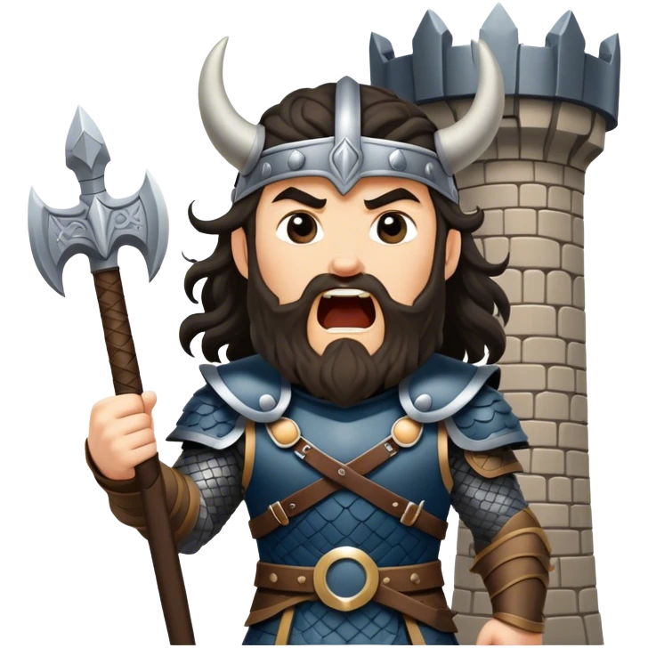 vikingo con armadura de Asgard, pelo negro ondulado, de pie, grito de guerra en torre de Asgard. emoji