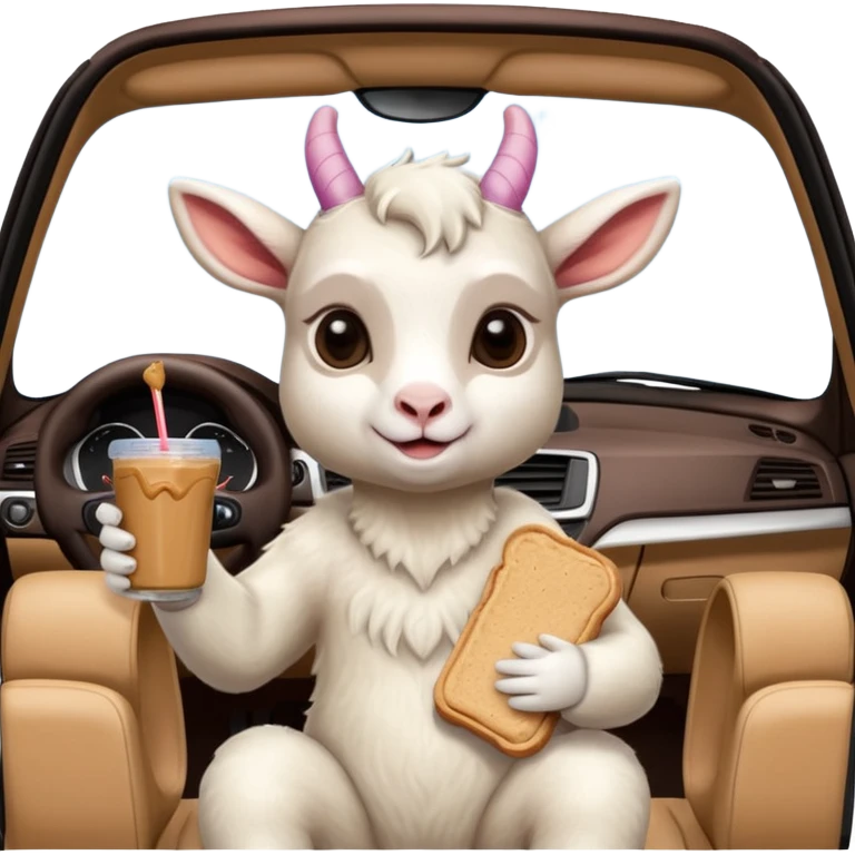 cute baby goat eating peanut butter and jelly driving in a bmw x1, holding a peanut butter and jelly in hand emoji
