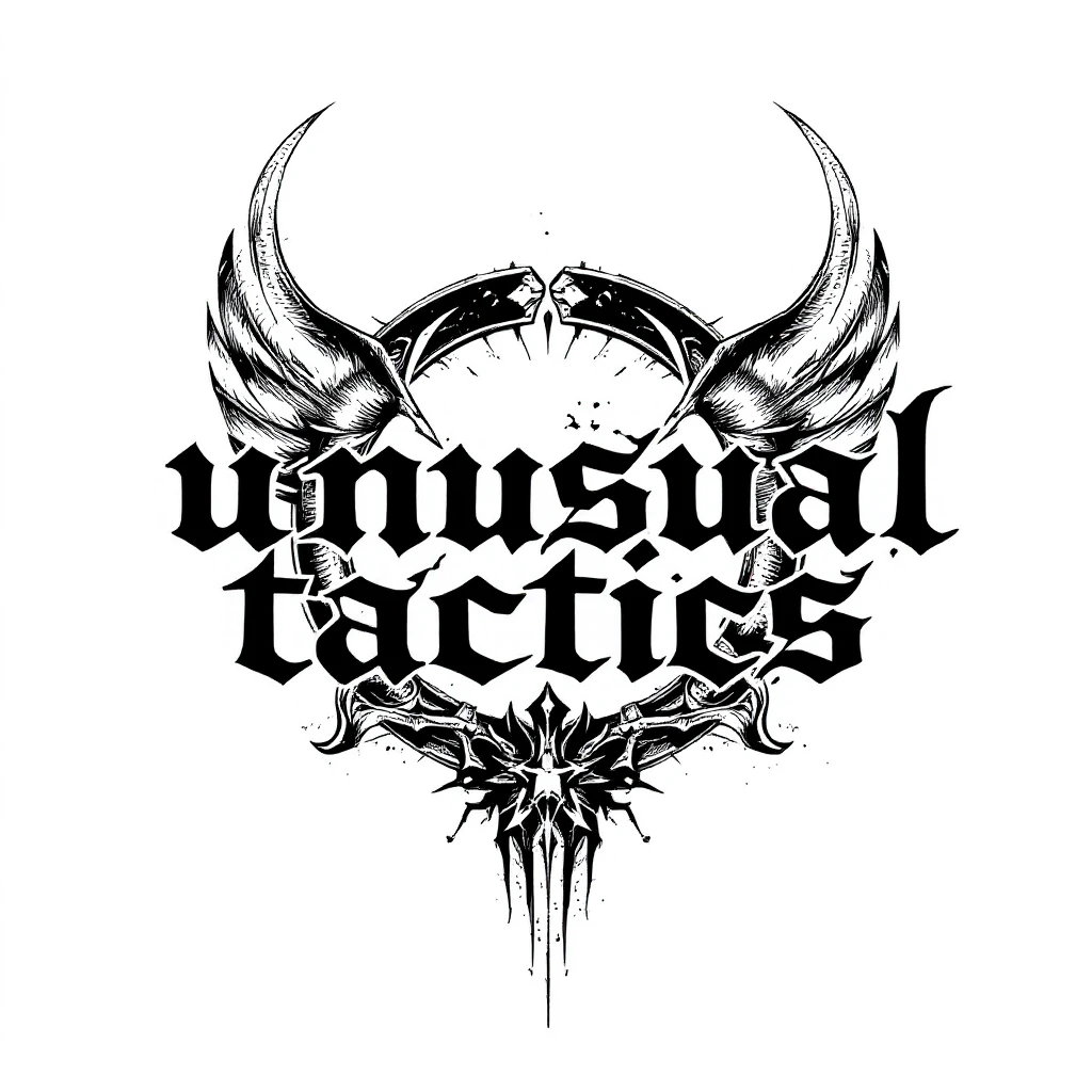 a logo, resembling that of metal band logo, for the text: "unusual tactics" emoji