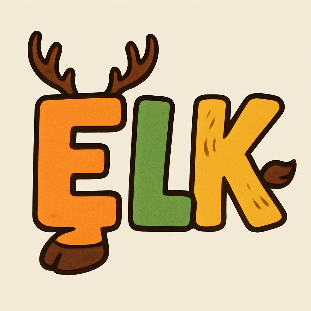 The word ELK in chunky, cartoon-style letters, each letter subtly incorporating elk features like antlers or hooves. emoji