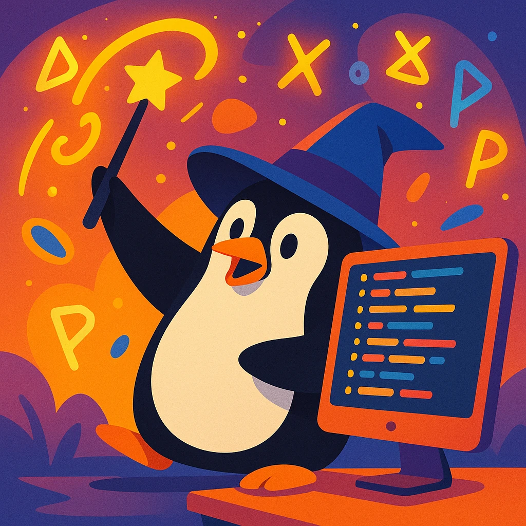 a penguin wizard with a pointy hat, casting a spell over a computer screen filled with code, surrounded by floating runes emoji