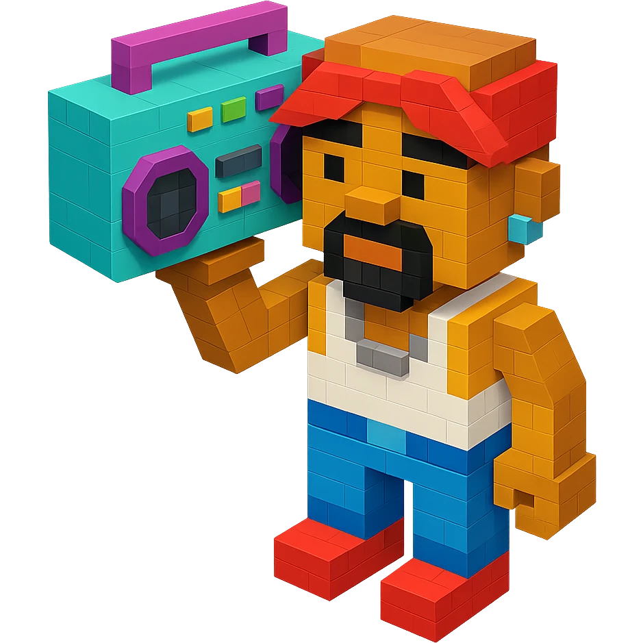 Lego version of 2Pac holding a boombox emoji