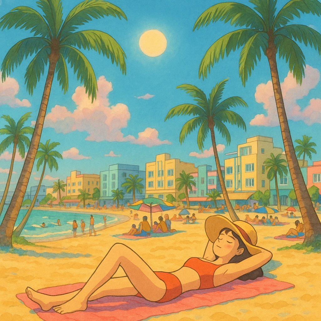 ghibli style illustration of sun tanning on a vibrant Miami beach with pastel colors, palm trees emoji
