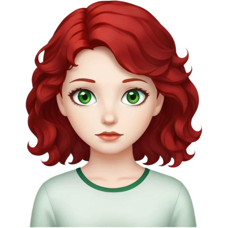 girl with green eyes, white skin, wavy black hair, subtle red hair at the back emoji