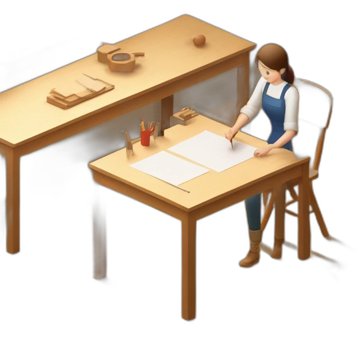 isometric square transparent solid outline border containing indoor workshop woodworking teacher with student teaching inside building on long table emoji