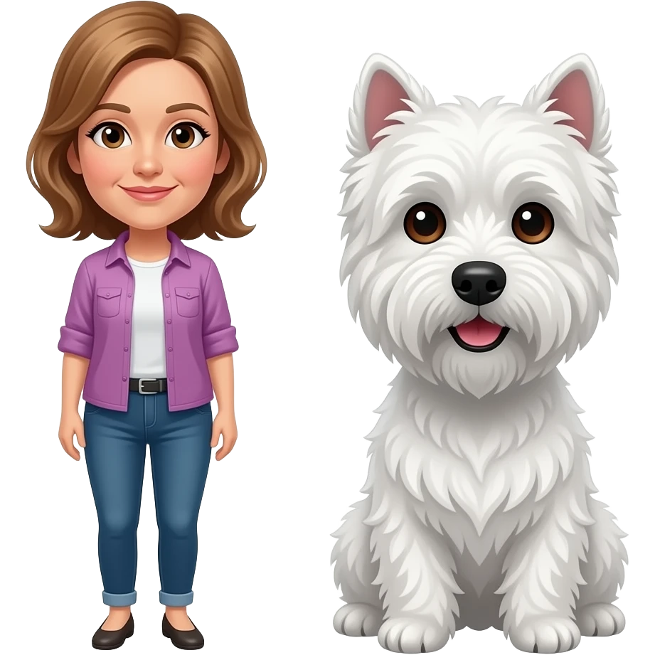 Middle age woman brown eyes , shoulder length light brown hair, with a female westie and a male westie emoji