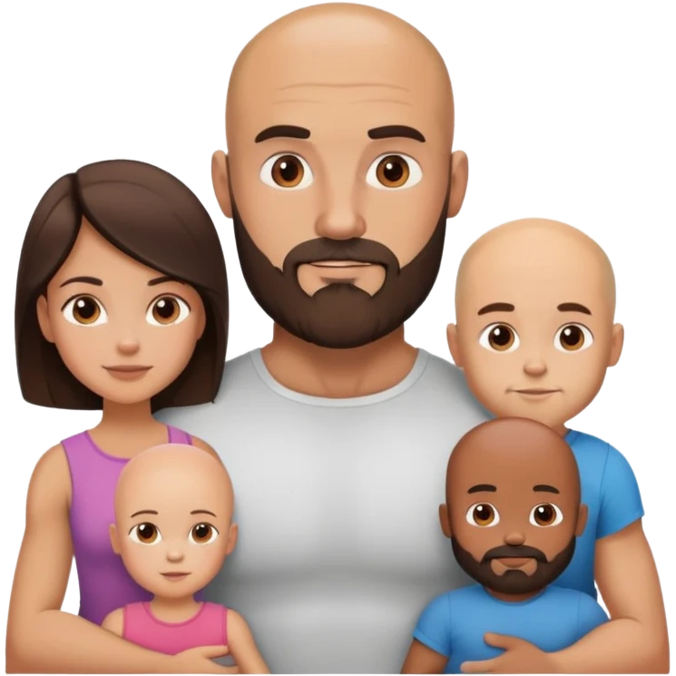 Muscular Bald man with a beard with his young beautiful brunette wife and their 3 sons emoji