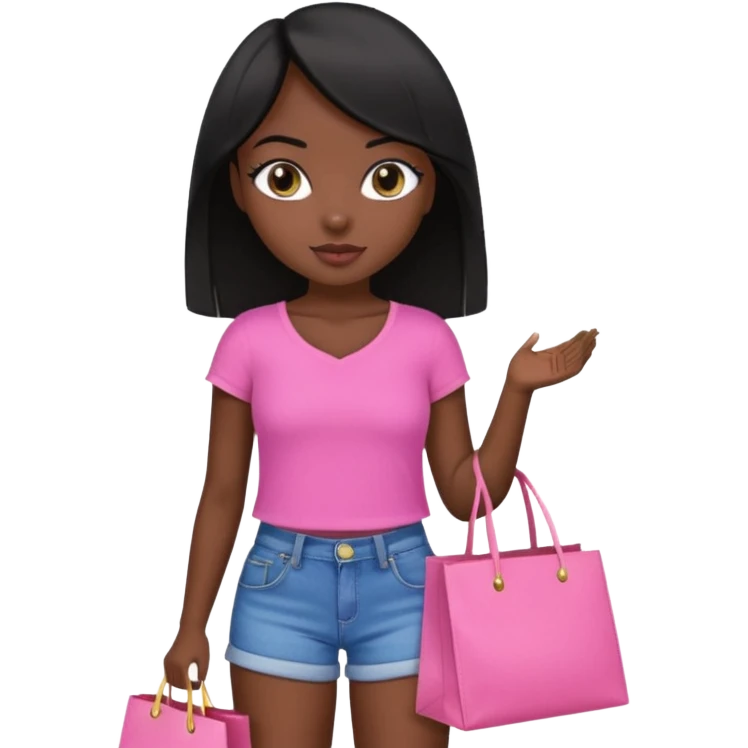Uma menina morena cabelo liso preto olhos puxados fazendo compra com sacolas rosas  com top e short  emoji