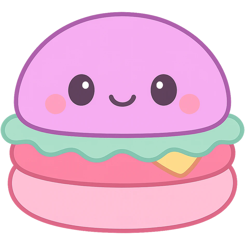 Make the burger squishmallow more colorful with vibrant colors on the bun, lettuce, tomato, cheese, and face details. Keep the plush kawaii style with no background. emoji