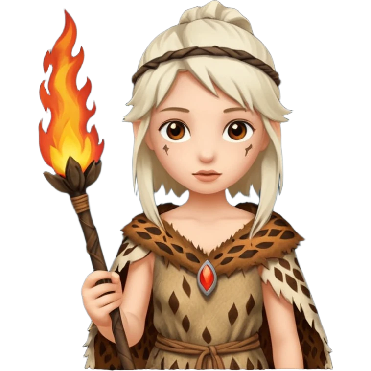 ancient girl, tattered animal skin cloth, hold fire stick emoji