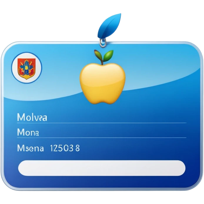 business identification card with rounded corners, blue-silver gradient background, placeholder lines, generic photo silhouette on left, Moldova-style heraldic icon in top-left, Apple emoji style, transparent background emoji