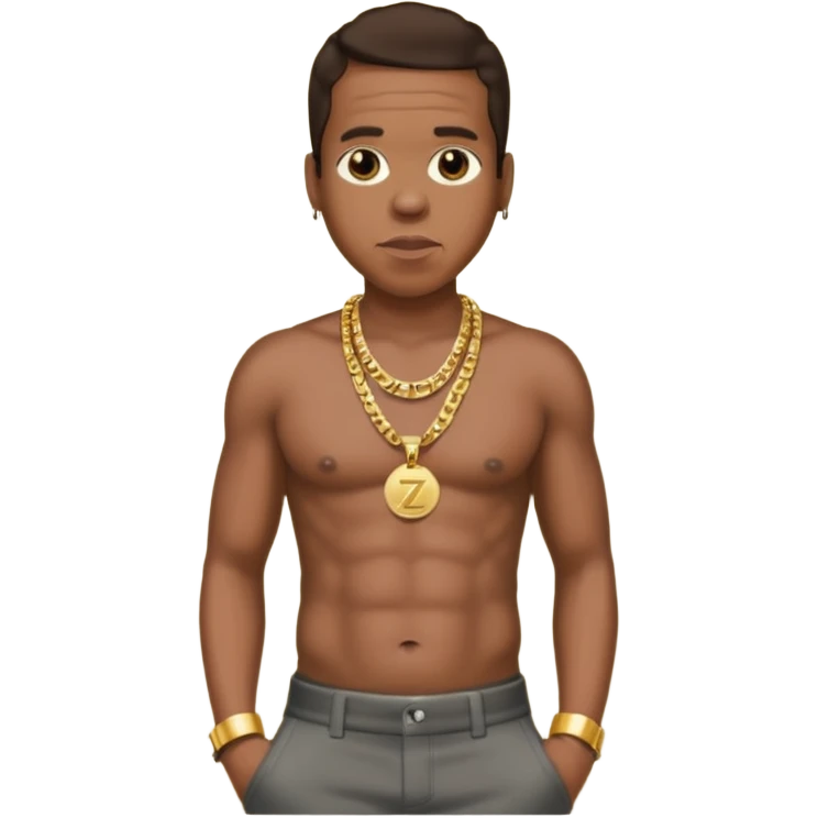 Jay-Z with dark brown hair, shirtless with necklace, metallic dark grey pants emoji