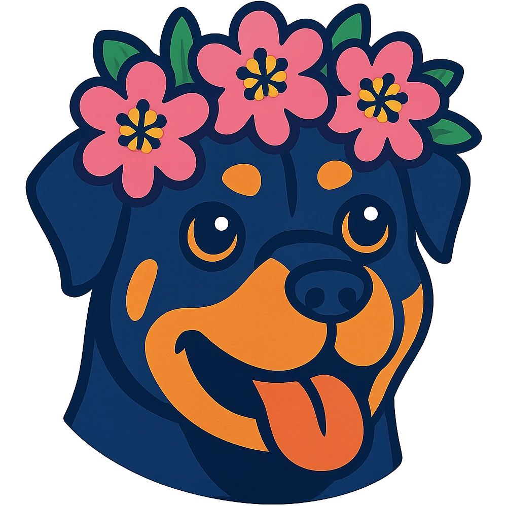 rottweiler with a cherry blossom flower crown in vibrant toon style emoji
