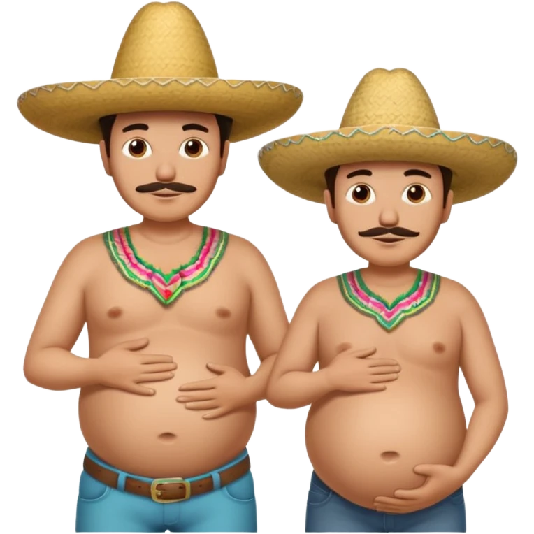 only two men standing besides each other. 1 man is white and not pregnant, and the other man is mexican wearing a sombrero and pregnant, holding his belly.  emoji