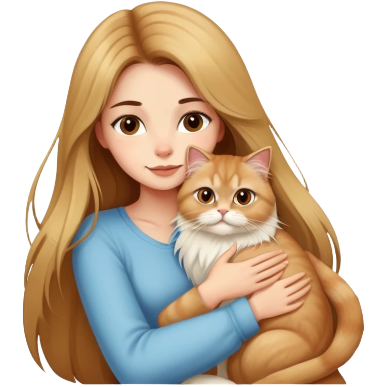 A pretty girl with long brown hair is hugging her blonde Persian cat. The girl has brown hair, and only the cat is blonde. emoji