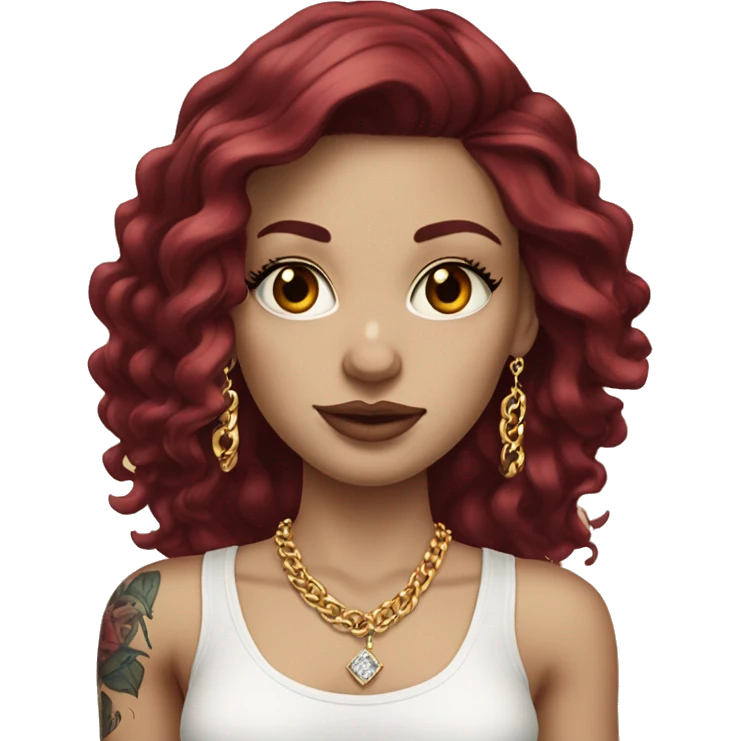 Pale white European girl with long burgundy hair, long eyelashes and has tattoos. She is wearing a crop top shirt and gold chain necklace and diamond earrings  emoji