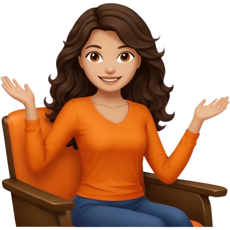 Twirling around a chair Long dark wavy hair women in orange top  emoji
