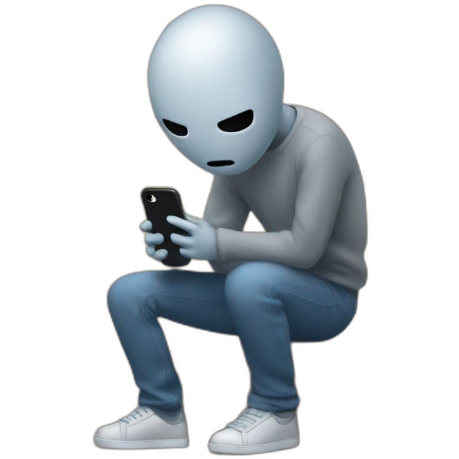 Sad person, holding iPhone in one hand, with spider webs as waiting emoji