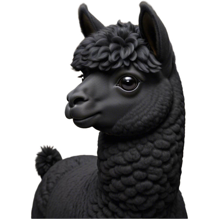 Cinematic Noble Black Alpaca Portrait Emoji, Poised and regal, with a striking, sturdy build and a sleek, well-groomed jet-black fleece, deep-set soulful dark eyes, Simplified yet sharp and sophisticated features, highly detailed, glowing with a soft, dignified glow, high shine, intelligent and mysterious, stylized with an air of elegant austerity, focused and attentive, soft glowing outline, capturing the essence of a watchful and confident companion, so majestic it feels as though it could stride out of the screen with effortless authority! emoji