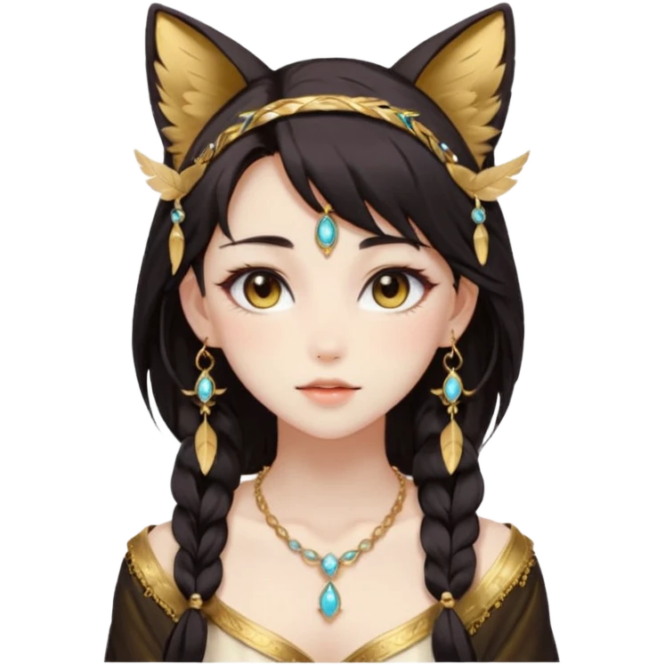 Beautiful gorgeous anime lady with beautiful dark-brown-special-hair, fashion aesthetic, ethereal, feather, accessories, gold jewelries, gold, colorful, feline ears emoji