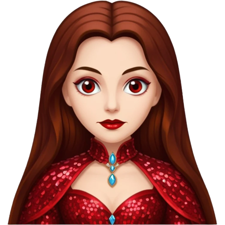 Countess Dracula with long brown hair, red sequin outfit emoji