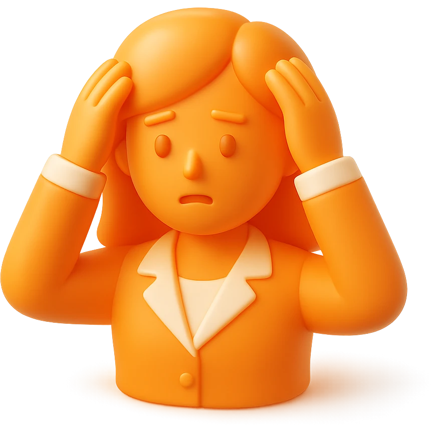 3D orange style female office worker with hands on her head, looking overwhelmed emoji
