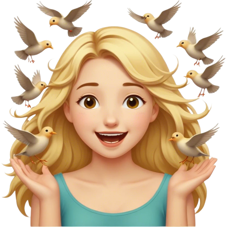 Cinematic Adorable Aurora Portrait Emoji, Giggling in surprise as birds land on her shoulders, cheeks flushed, golden locks bouncing, an irresistible mix of playfulness and beauty! emoji