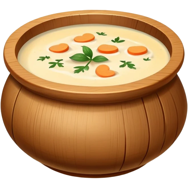 Pot of creamy soup in a wooden bowl￼ emoji