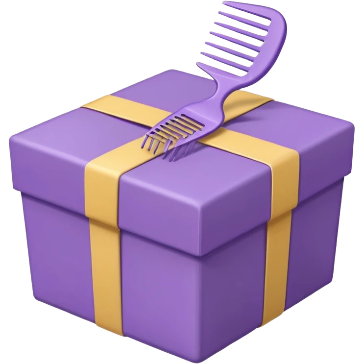 A cute emoji-style illustration of a purple gift box opened, with a comb inside the box. Soft pastel purple tones, simple shapes, rounded edges, clean lines, kawaii style, minimal details, bright and friendly expression, centered composition, transparent background, sticker emoji design emoji
