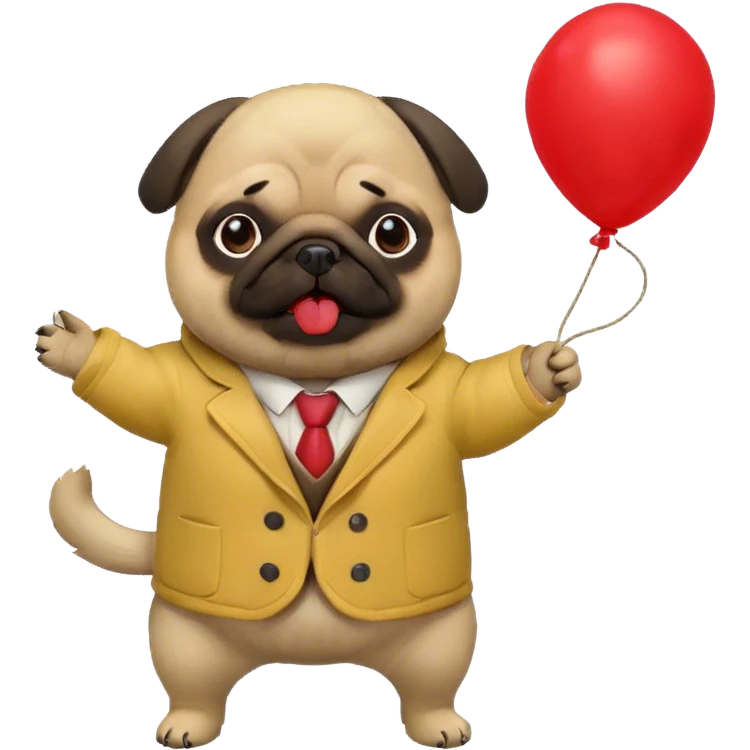 A pug in a yellow coat holds a red balloon on a string emoji