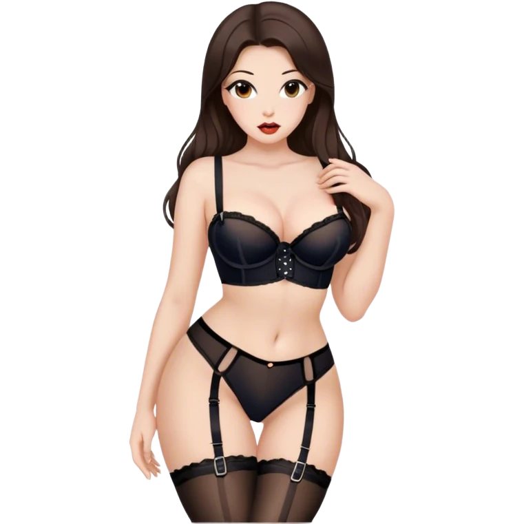 Beautiful Buxom brunette with full lips, long hair and brown eyes, intimate, sfw black nylon stocking and garter belt pose, sfw emoji