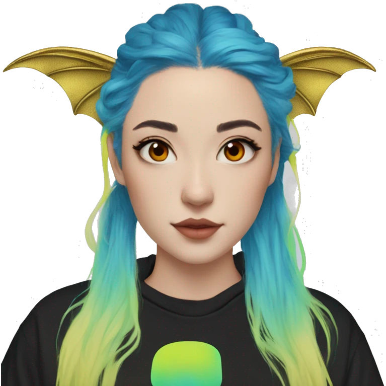 Lady with brunette and iridescent blue hair, gold, lime green dragon wings, black hoodie, bleach dyed, black and gold Nike t shirt, and bright red eyes emoji