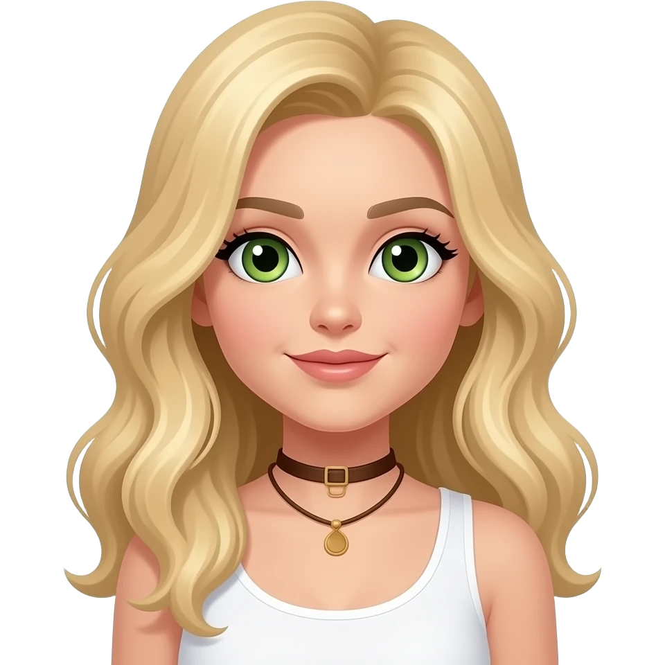 bright green eyes, long blonde hair with slightly wavy and layers, brown necklace, white top emoji