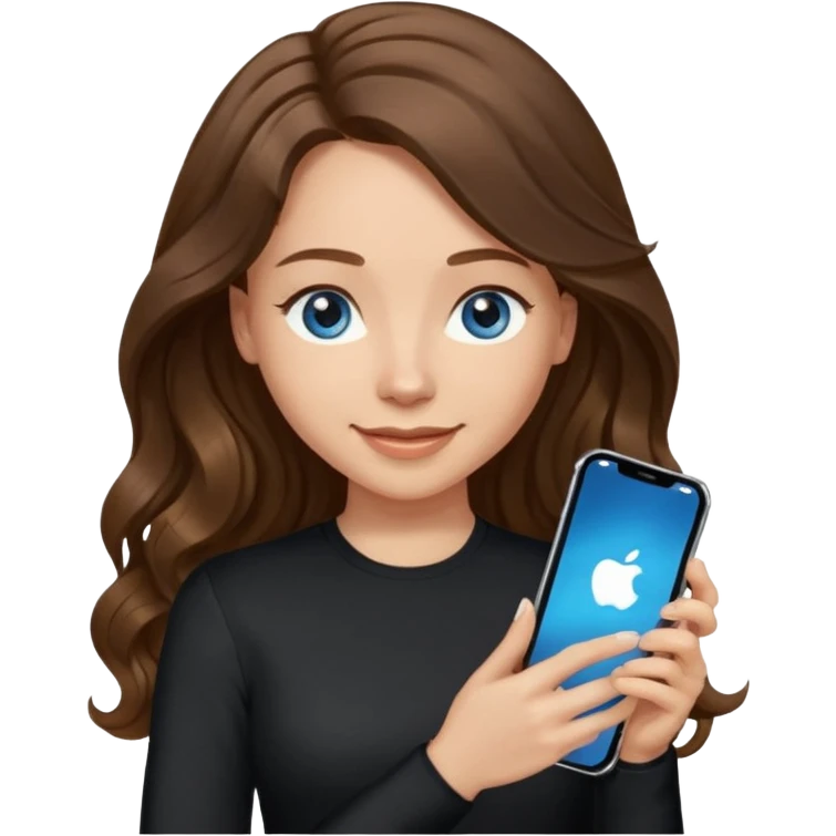 generate a pretty woman with blue eyes, light skin and long and really wavy shiny medium brown hair holding a phone while looking down at the screen. she is wearing an ALL black long sleeve. she is smiling emoji