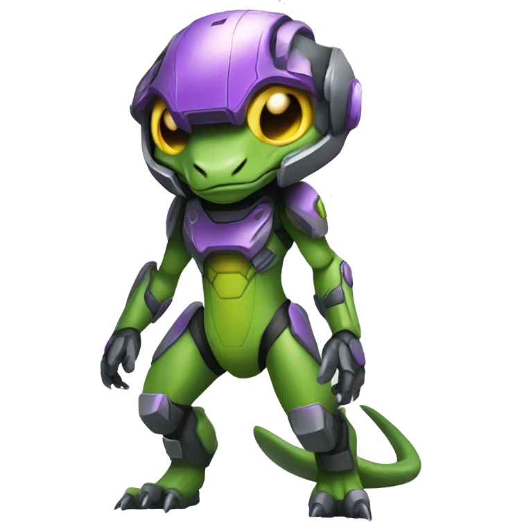 a Reptile-Raptor-Genesect-Fakémon with a futuristic visor-helmet and wearing a techwear-suit Full Body emoji