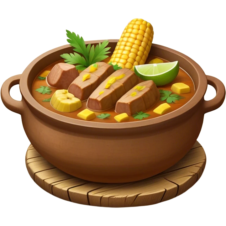 Cinematic Realistic Sancocho Antioqueño Emoji, depicting a hearty Colombian stew brimming with tender cuts of meat, yuca, plantains, corn on the cob, and potatoes in a rich, flavorful broth. Served in a rustic clay bowl with fresh cilantro and lime on the side, rendered with warm, inviting textures and homely, comforting lighting. emoji