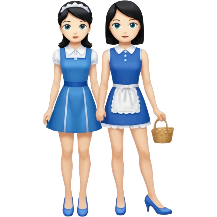 King, black hair, body, legst, blue eyes, blue garmont,  shoes, blonde maid, green eyes, sexy short sleveless White dress, shoes emoji