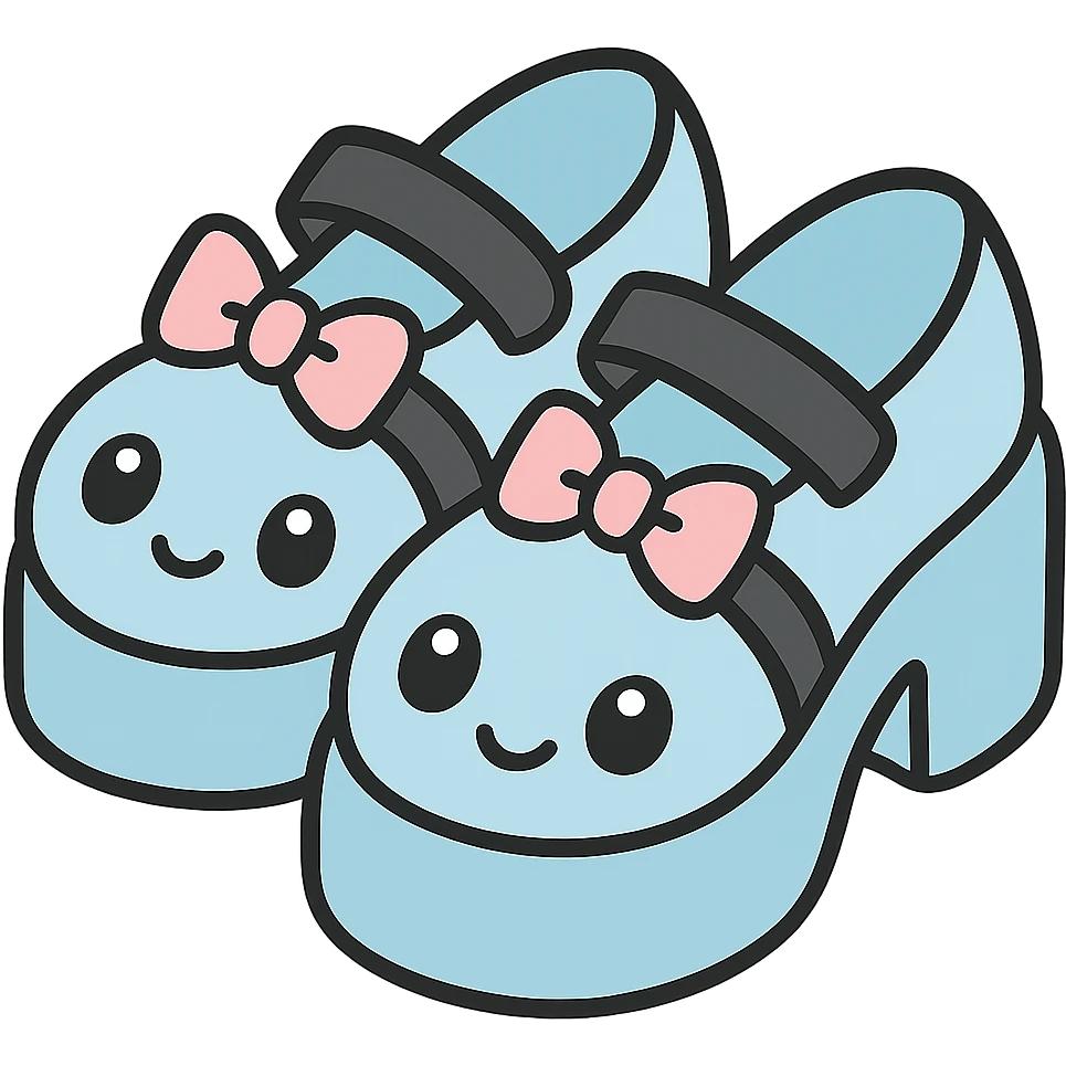 Make the shoes pastel blue with black and pink accents, kawaii style, no socks, no hearts, transparent background emoji