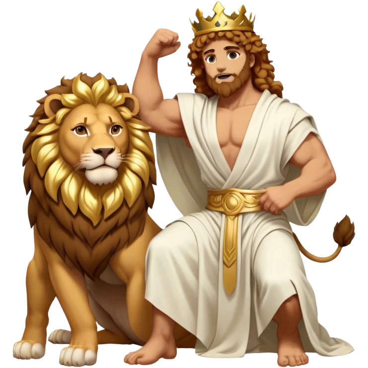 Cinematic Realistic Hercules Portrait, captured in a dramatic lion-wrestling pose that epitomizes raw, heroic strength. His light tan, athletic skin and thick, curly, golden brown hair are showcased as he grapples with a majestic lion, his refined face reminiscent of Michelangelo's David marked by noble determination. Draped in a flowing white robe with understated golden accents and crowned with a classic Greek laurel wreath, dynamic natural lighting accentuates every muscular contour and fierce, commanding expression, embodying the essence of ancient valor. emoji