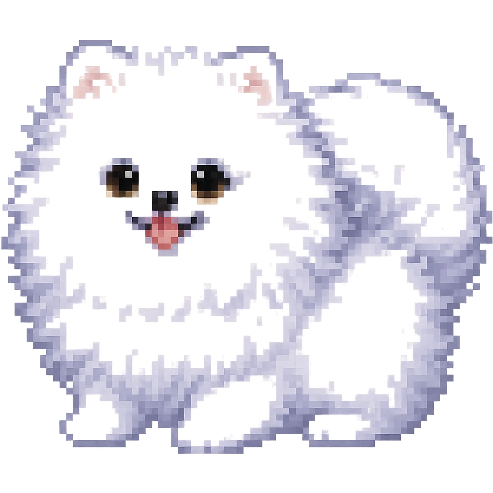 Make the white Pomeranian much fluffier and cuter in pixel art style, with no background. Preserve the pixel art aesthetic and enhance fluffiness and cuteness. emoji