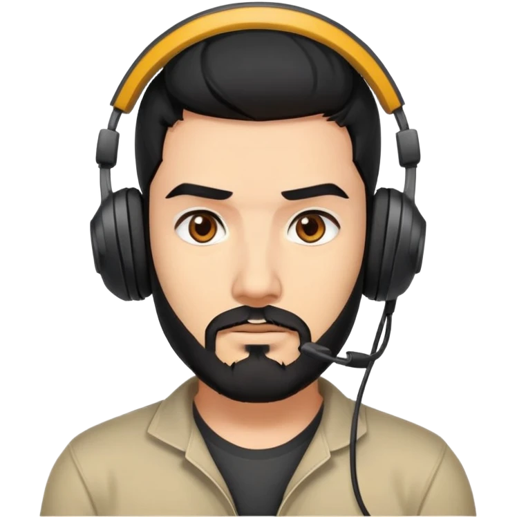 Serious gamer face with black hair, brown eyes, black beard, wearing gaming headset emoji
