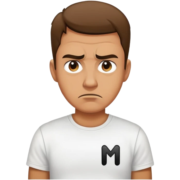 A disgusted man wearing a white t-shirt with a big black M on the t-shirt  emoji
